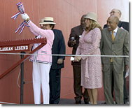 Mrs. Shirley Anne Massey prepares to name the Alaskan Legend.  From left: Mrs. Massey, General Dynamics NASSCO President Fred Harris, Mrs. Celeste Bolea, Mr. Gary Brashears, Dr. Walter Massey and Acting Chief Executive of BP Shipping Ltd. John Ridgway.