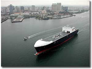 The M.V. Midnight Sun sails out of San Diego Harbor to conduct a series of successful sea trials in March 2003.