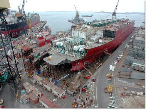 BP Hull 485 continues under construction in NASSCO's graving dock.  BP Hull 484, recently named the Alaskan Frontier, is shown being completed dockside in the upper-left-hand corner of this photo.