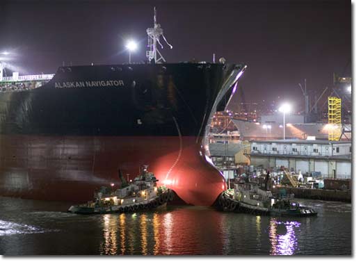 During high tide in mid-April 2005, Hull 486 was floated out from NASSCO's graving dock and remains under construction pierside.  Before delivery, the ship will be formally christened the Alaskan Navigator.