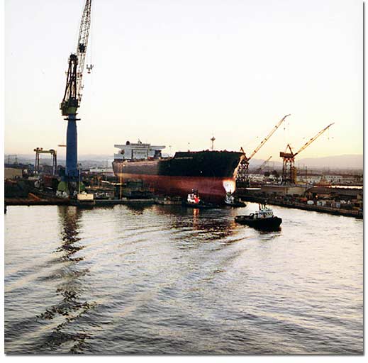 NASSCO floats out Hull 484, the first of four double-hull oil tankers being built for BP Oil Shipping company for Alaskan service. The ship will be completed and delivered in August 2004.