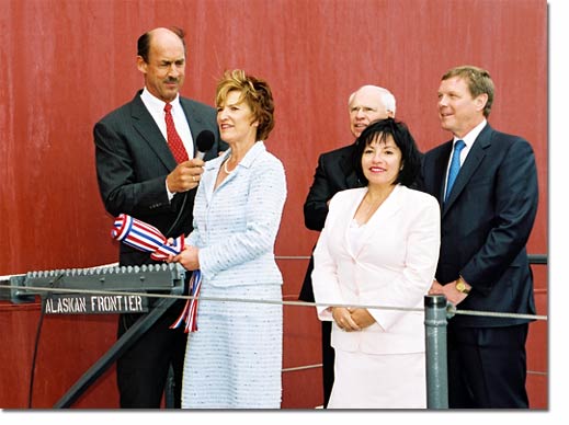 Preparing to name the Alaskan Frontier are Richard Vortmann, President of NASSCO; ship's Sponsor Pamela Olver, Deputy Group Chief Executive of BP; Richard Olver;  Diane Malone, Matron of honor, spouse of Bob Malone, Chief Executive of BP Shipping, Ltd.; and Bob Malone.