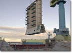 The first corrugated bulkhead section is lifted into place on January 25, 2008.