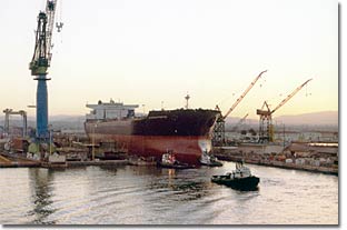 NASSCO floats out Hull 484, the first of four double-hull oil tankers being built for BP Oil Shipping company for Alaskan service.