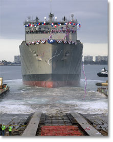 The launch of USNS Wally Schirra (T-AKE 8) at the General Dynamics NASSCO shipyard on March 8, 2009. Click on image for hi-res version.
