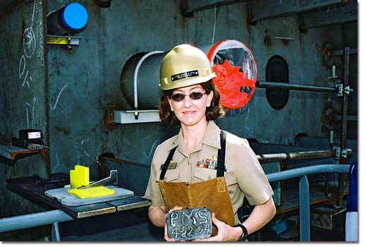 On April 22, 2004, U.S. Navy Capt. Patricia Sudol, program manager for the T-AKE, welded her initials into the keel to signify the start of erection of the Lewis and Clark, the first of 12 ships to be constructed.