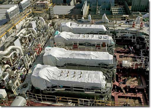 In January 2005, the ship's four Fairbanks Morse/MAN B&W 9L and 8L 48/60 diesel generators were lifted into place.  The generators will deliver total installed power of 35.7 megawatts.