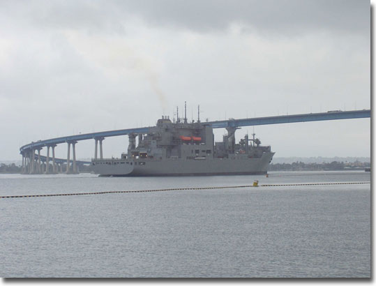 The USNS Lewis and Clark (T-AKE 1) approaches the Coronado Bridge in San Diego.