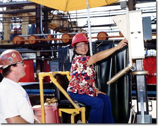 On Septemer 23, 2003, Mrs. Chin Gannon, wife of Captain Kevin P. Gannon, Supervisor of Shipbuilding, Conversion and Repair (SUPSHIP), San Diego, pushed a button to begin welding on the first steel plate for Start of Construction of the first ship in the T-AKE program, a new class of combat logistics force ships designated the Lewis and Clark class.