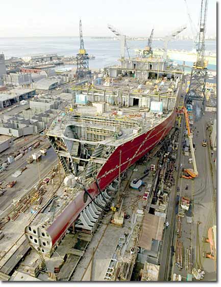 A crane's-eye view of the Lewis and Clark on NASSCO's building ways, November 2004. The lead ship in this program is scheduled to be launched in mid-2005.