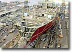 A crane's-eye view of the Lewis and Clark on NASSCO's building ways, November 2004. The lead ship in this program is scheduled to be launched in mid-2005.