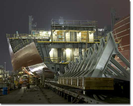 A night view of T-AKE 3 on the building ways.