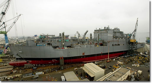 May 21, 2005, NASSCO prepares to launch the USNS Lewis and Clark (T-AKE 1), the lead ship in the Navy's new T-AKE Class.