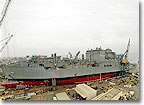May 21, 2005, NASSCO prepares to launch the USNS Lewis and Clark (T-AKE 1), the lead ship in the Navy's new T-AKE Class.