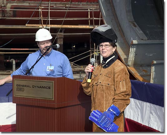 Senior Vice President Phebe Novakovic addresses the crowd during the ceremony.
