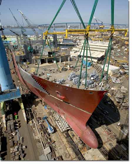 In March 2005, the ship's bow was lifted into place, completing the vessel's form as it was being prepared for launch in May.