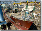 In March 2005, the ship's bow was lifted into place, completing the vessel's form as it was being prepared for launch in May.