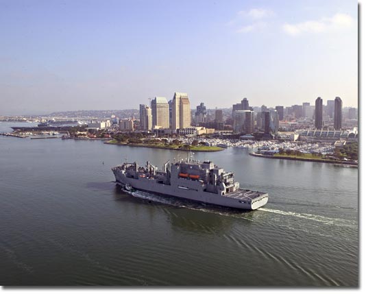 USNS Alan Shepard (T-AKE 3) passes the San Diego skyline on June 12, 2007.