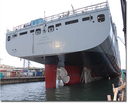 A stern view of T-AKE 4 on NASSCO's Building Ways just before its launch.