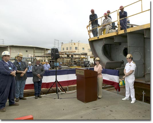 Mrs. Debbie Hamilton speaks at the July 28th keel-laying ceremony.