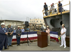 Mrs. Debbie Hamilton speaks at the July 28th keel-laying ceremony.