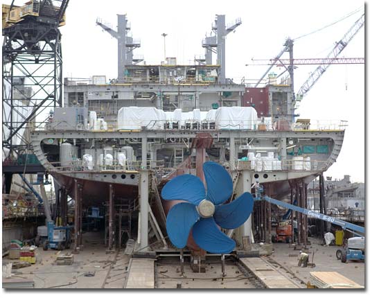 A close-up view of the Robert E. Peary's stern under construction in April 2007.