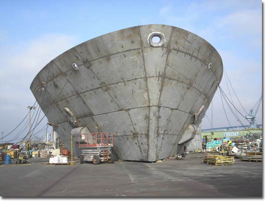The upper bow section for USNS Robert E. Peary before the paint is applied.