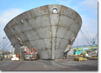 The upper bow section for USNS Robert E. Peary before the paint is applied.
