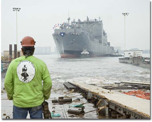 Despite the raging California wildfires, the ship's schedule required the NASSCO team to launch T-AKE 5 without ceremony.