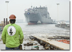 Despite the raging California wildfires, the ship's schedule required the NASSCO team to launch T-AKE 5 without ceremony.