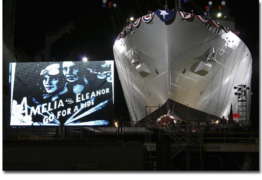 USNS Amelia Earhart prior to her nightime launch at NASSCO (U.S. Navy photo).