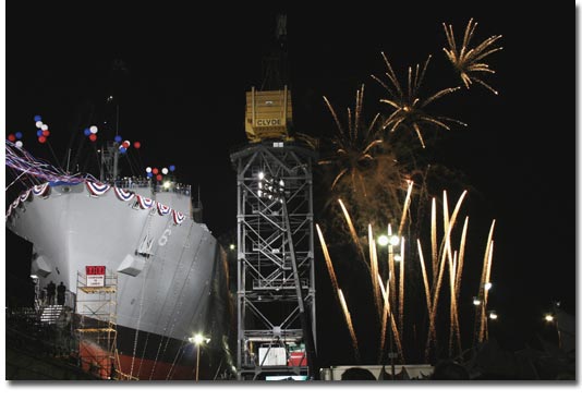 The Amelia Earhart is launched under fireworks on April 6, 2008 (U.S. Navy photo).