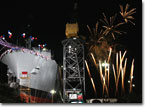 The Amelia Earhart is launched under fireworks on April 6, 2008 (U.S. Navy photo).