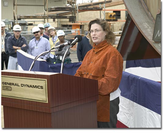 DoD's Deputy Director for Naval Warfare Darlene Costello is the honoree at the T-AKE 6 Keel-laying ceremony