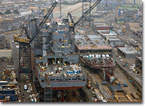 The Wally Schirra (left) and Matthew Perry on NASSCO's Building Ways in December 2008.