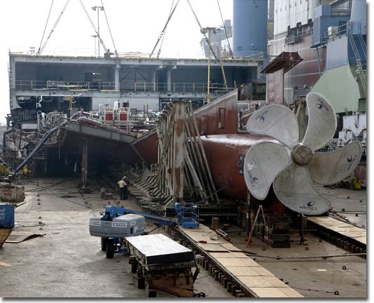 A stern view of T-AKE 8 under construction in June 2008.