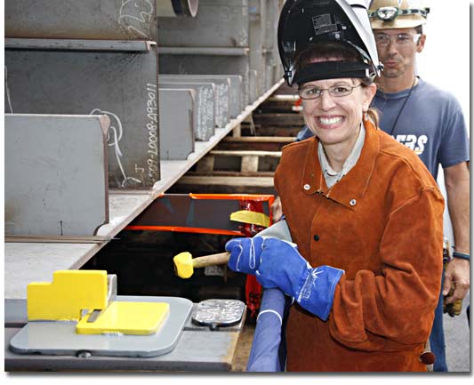 MSC's Engineering Policy Branch Head Joan Divens is the honoree at the T-AKE 9 keel-laying ceremony.