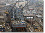 The Wally Schirra (left) and Matthew Perry on NASSCO's Building Ways in December 2008.