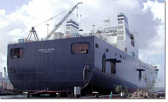The M.V. North Star sits dockside as her construction is being completed.  An August 2003 delivery is planned.