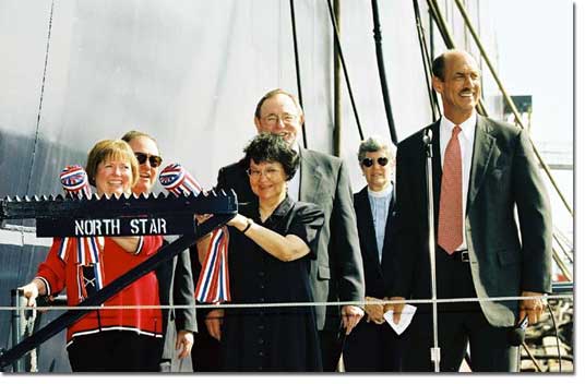 Marie Magee (L), with her husband Robert P. Magee Jr., president and CEO of TOTE, and Lu Young, with her husband Alaska Congressman Don Young, prepare to christen the M.V. North Star.  Also shown are Rev. Sally Durand, who gave the Invocation at the christening ceremony, and Richard Vortmann, president of NASSCO.