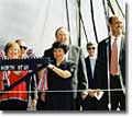 Marie Magee (L), with her husband Robert P. Magee Jr., president and CEO of TOTE, and Lu Young, with her husband Alaska Congressman Don Young, prepare to christen the M.V. North Star.  Also shown are Rev. Sally Durand, who gave the Invocation at the christening ceremony, and Richard Vortmann, president of NASSCO.