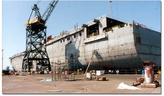 The M.V. North Star takes shape in NASSCO's graving dock. The 839-foot trailership is nearly ready for float out into San Diego Bay for continuing work dockside.
