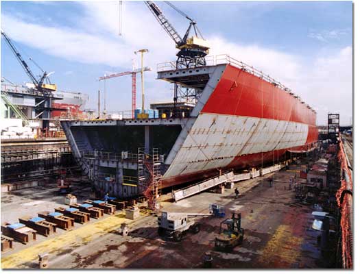 Construction of TOTE's M. V. Midnight Sun, the first of two new roll-on/roll-off trailerships being constructed at General Dynamics NASSCO.  The ship will be delivered in&nbsp;early 2003.